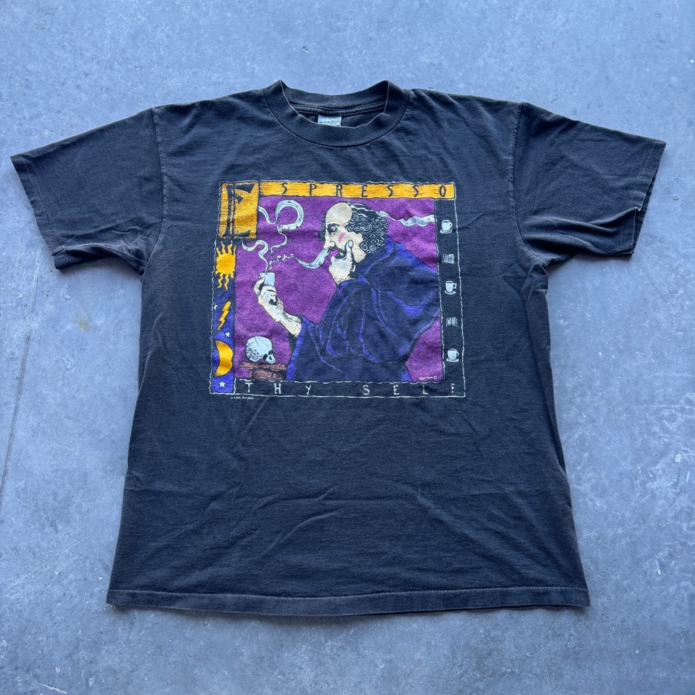 Vintage 90s Fabric Art Espresso Thy Self Coffe shirt Shakespeare Size Large